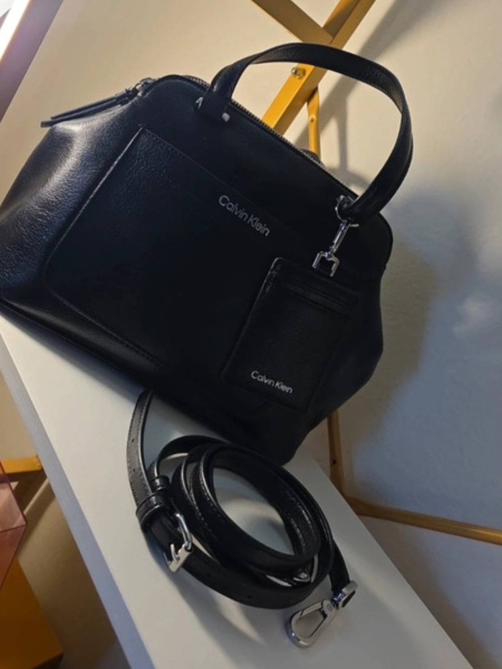Calvin Klein Black Leather Satchel with Top Handles and Detachable Strap